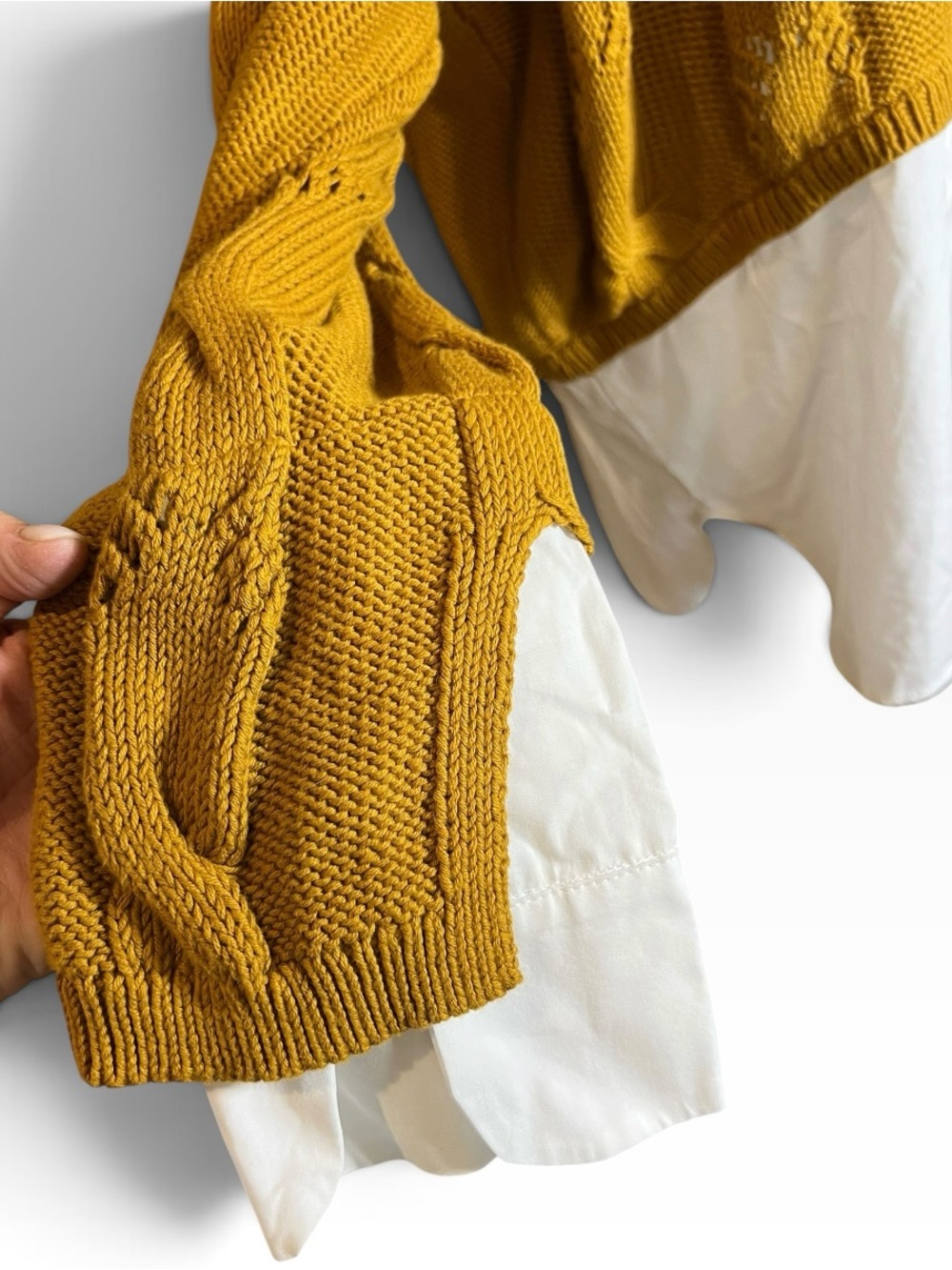 Pilcro Anthropologie Cable Knit Layered Shirt Sweater Mustard L Preppy NWT - Picture 2 of 8